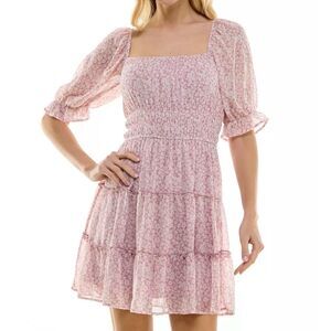 Trixxi Juniors Floral Smocked Fit & Flare Dress – Pink – Size XL